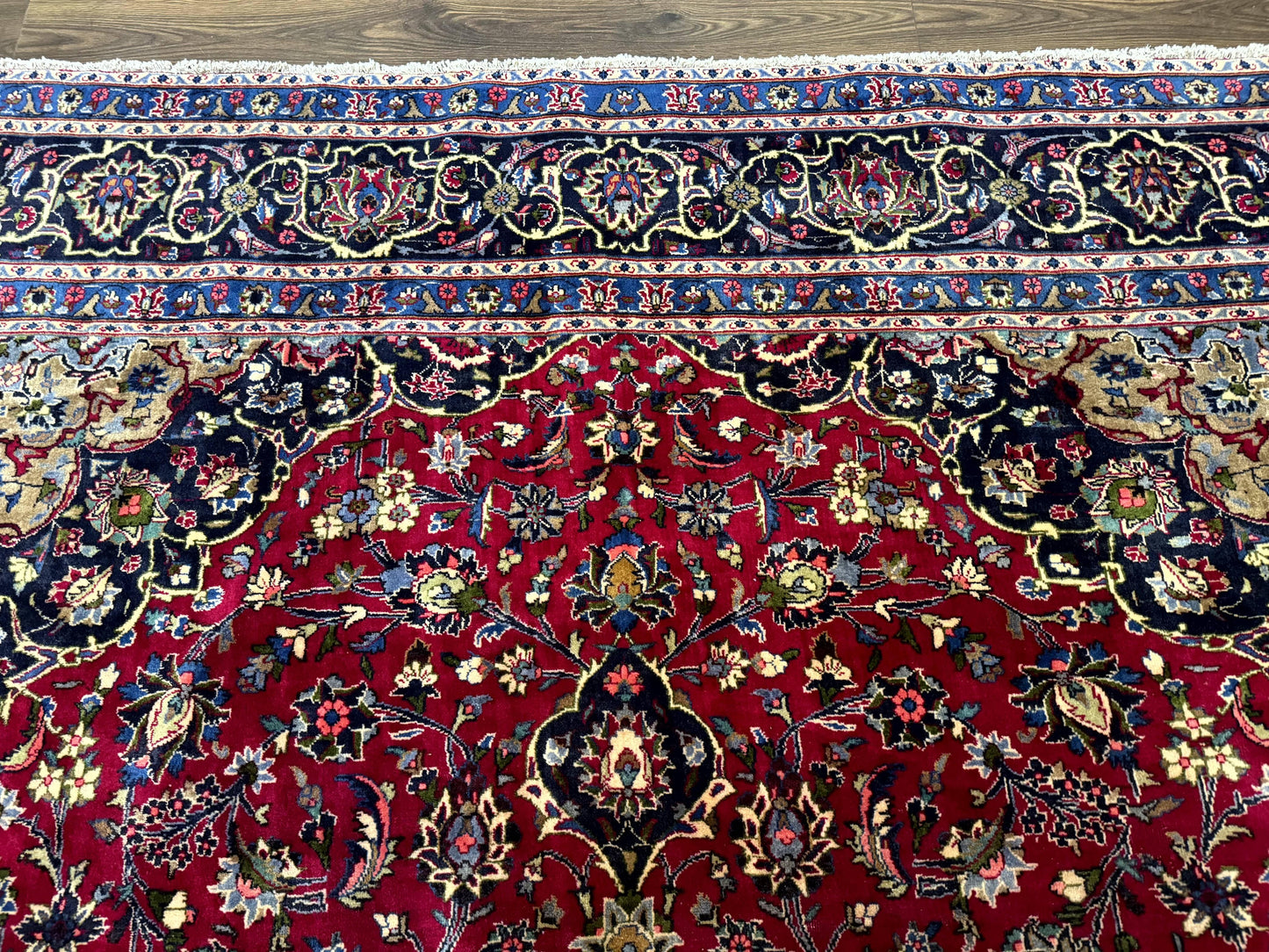 Traditional Persian Rug 8x11, Red Navy Blue, Floral Medallion, Antique Persian Mashad Carpet, Wool - Nuvé