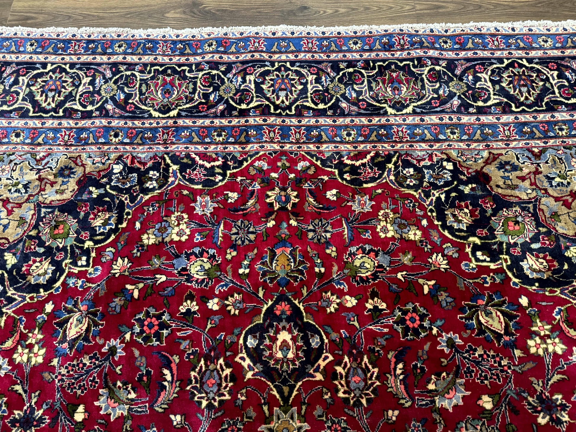 Traditional Persian Rug 8x11, Red Navy Blue, Floral Medallion, Antique Persian Mashad Carpet, Wool - Nuvé
