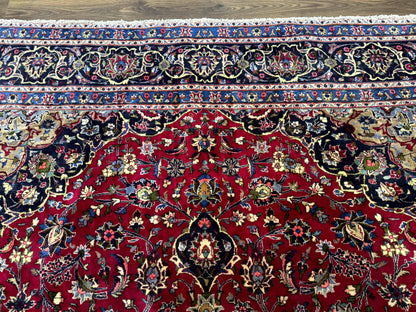 Traditional Persian Rug 8x11, Red Navy Blue, Floral Medallion, Antique Persian Mashad Carpet, Wool - Nuvé