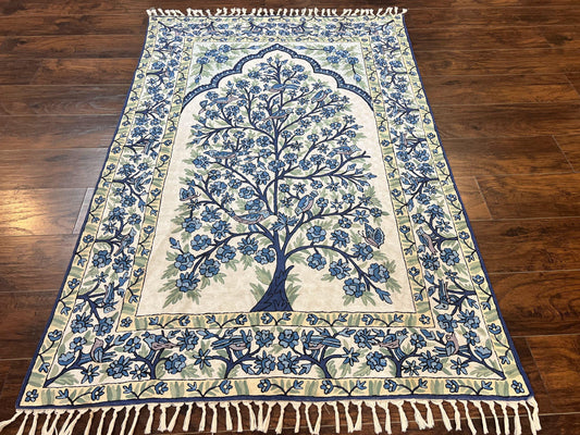 Tree of Life Indian Hand Stitched Rug 4x6, Indian Wall Hanging Rug, Ivory Blue, Silk on Cotton, Vintage - Nuvé