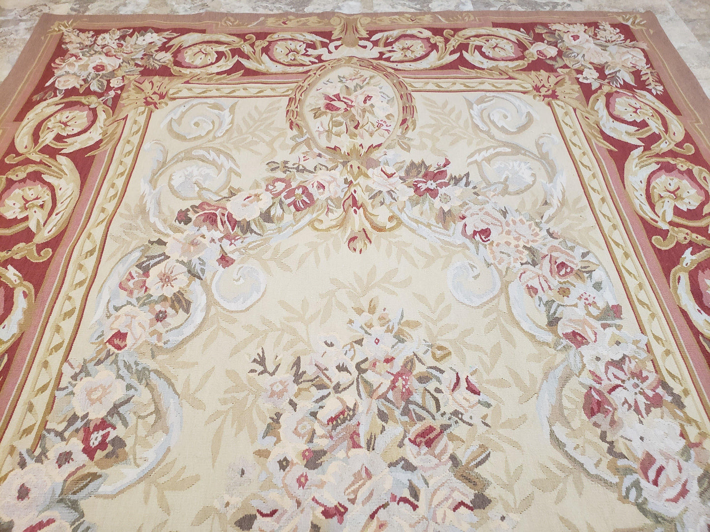 Aubusson Rug 6x9, Elegant Flatweave Rug, Aubusson Savonnerie 6 x 9 Flatweave Area Rug, Cream and Red, Wool Hand Woven Carpet, Medium Size - Nuvé