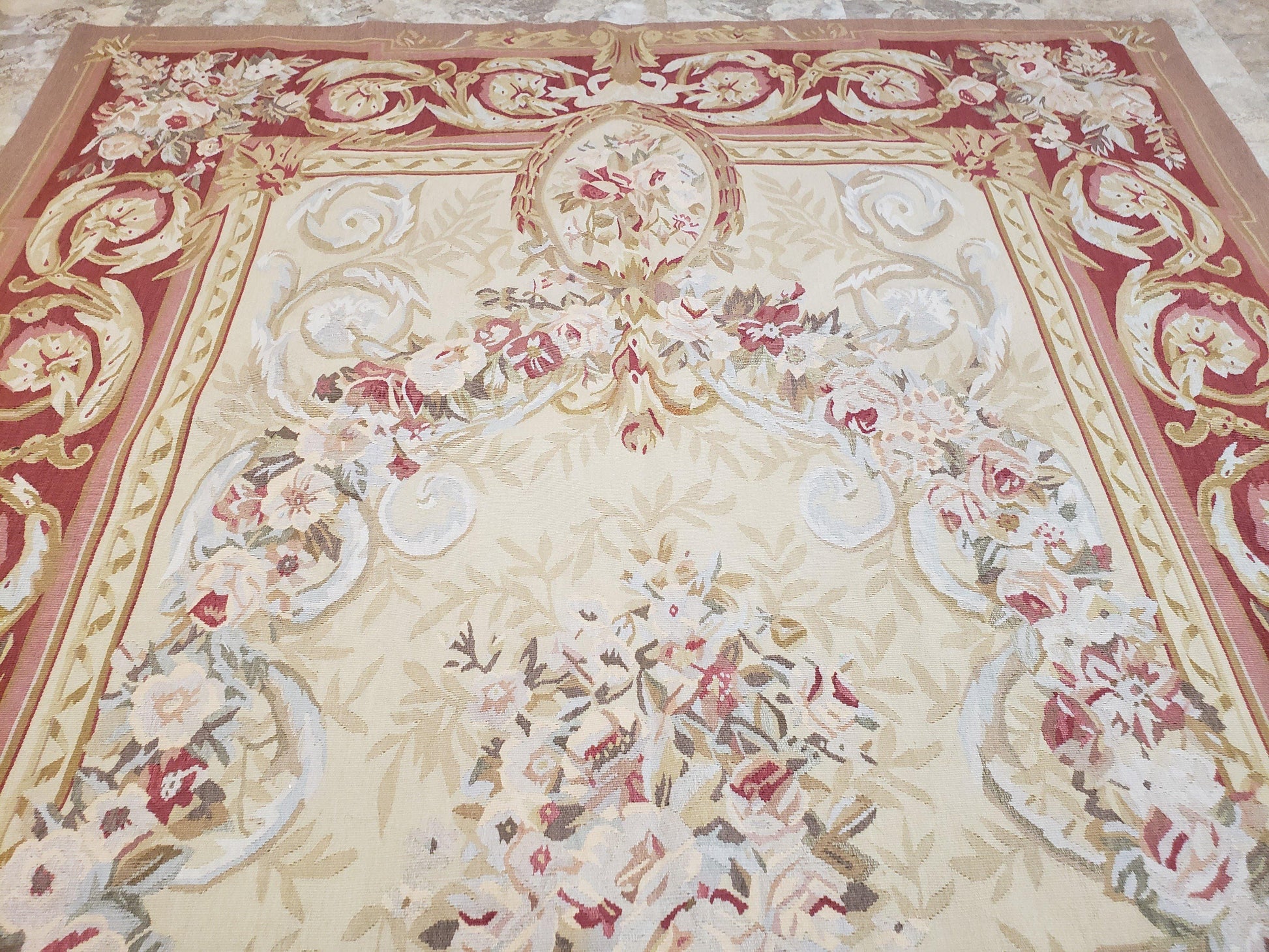 Aubusson Rug 6x9, Elegant Flatweave Rug, Aubusson Savonnerie 6 x 9 Flatweave Area Rug, Cream and Red, Wool Hand Woven Carpet, Medium Size - Nuvé