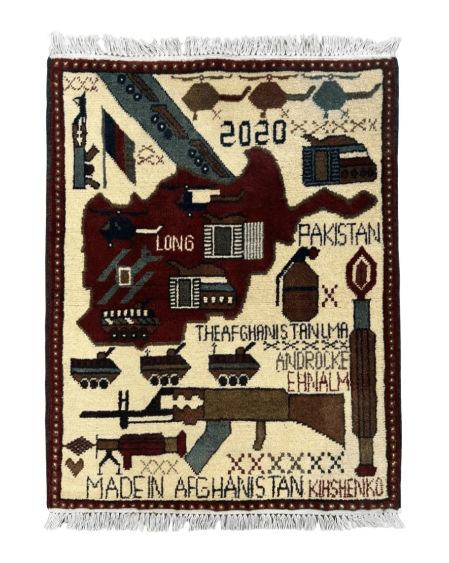 Afghan War Rug 2 x 2.6, Guns Tanks Helicopters
