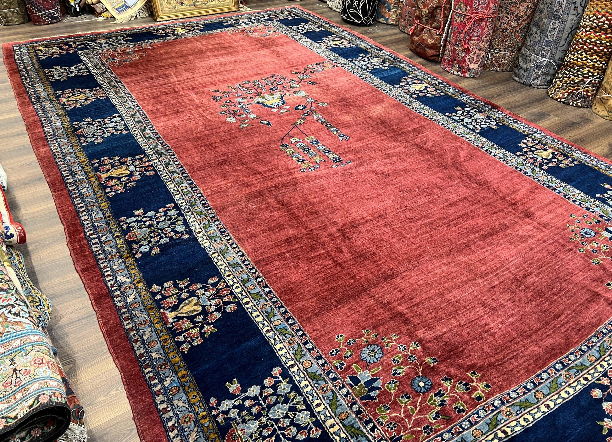 Large Persian Sarouk Rug 10x17, Open Field, Red and Navy Blue, Palace Sized Oversized Hand Knotted Wool Oriental Carpet Flowers Vases Antique 1920s - Nuvé