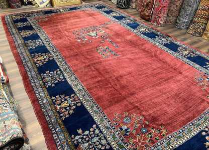 Large Persian Sarouk Rug 10x17, Open Field, Red and Navy Blue, Palace Sized Oversized Hand Knotted Wool Oriental Carpet Flowers Vases Antique 1920s - Nuvé