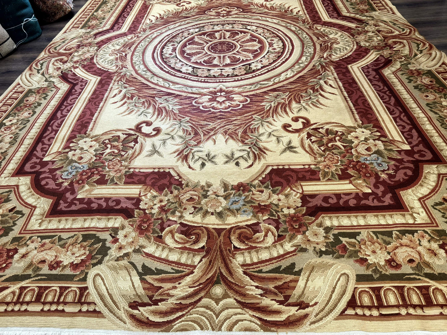 Large Aubusson Rug 10x13, Thick Flatweave Carpet, Elegant European Design, Cream and Raspberry - Nuvé