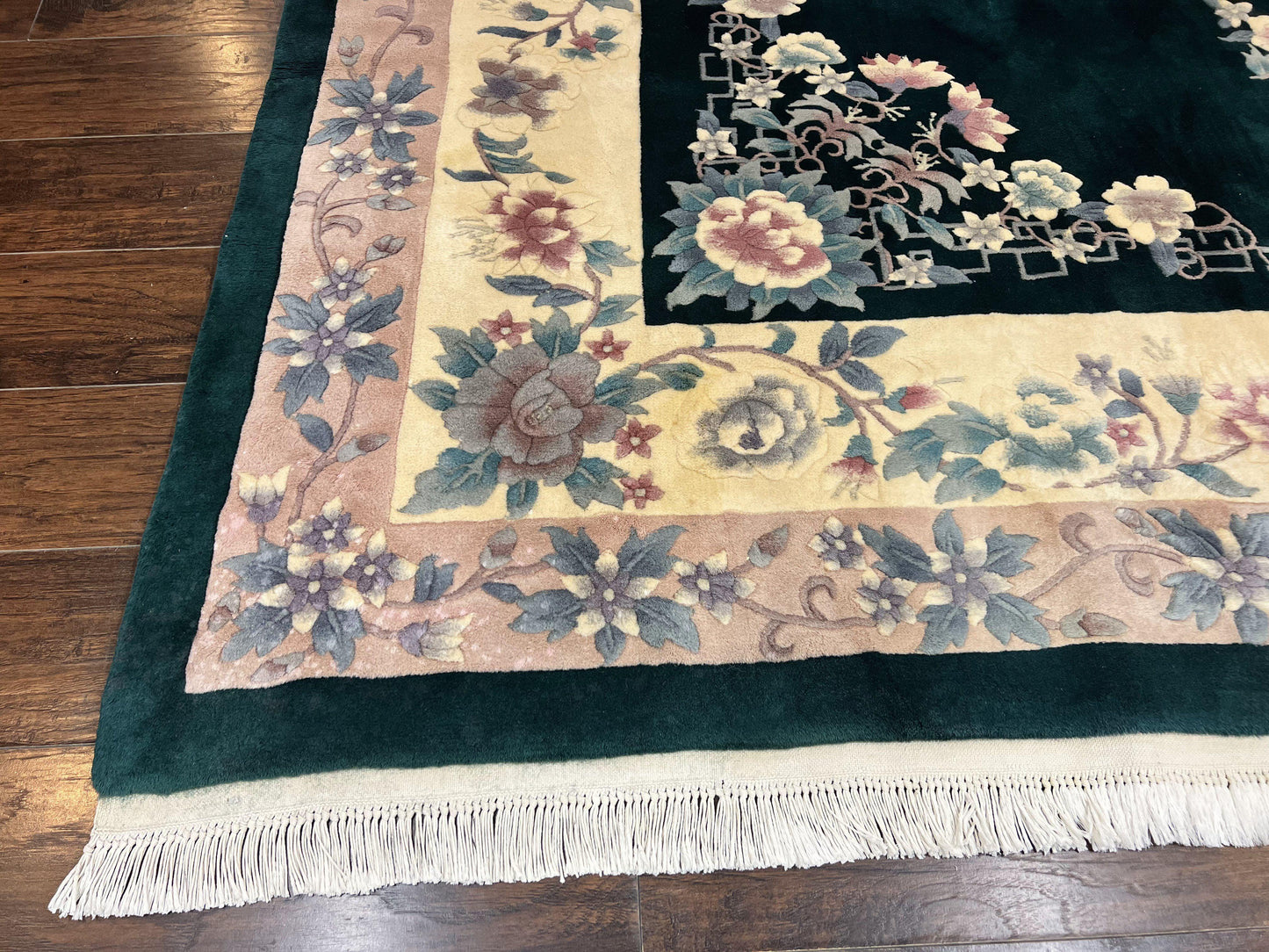 Chinese Art Deco Rug 9x12, Wool Hand Knotted Vintage Carpet, Dark Green & Cream, 90 Line Carving Rug - Nuvé