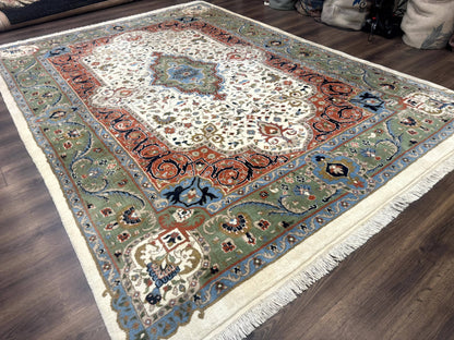 Indo Persian Rug 9x12, Ivory Red Green, Traditional Oriental Carpet - Nuvé