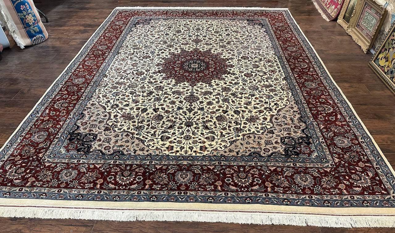 Sino Persian Rug 9x12, Vintage Wool Oriental Carpet, Floral Medallion, Wool Rug, Cream and Maroon - Nuvé