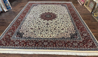 Sino Persian Rug 9x12, Vintage Wool Oriental Carpet, Floral Medallion, Wool Rug, Cream and Maroon - Nuvé