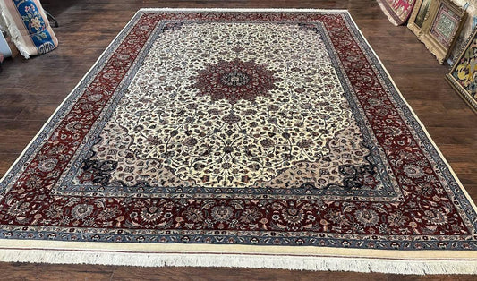Sino Persian Rug 9x12, Vintage Wool Oriental Carpet, Floral Medallion, Wool Rug, Cream and Maroon - Nuvé