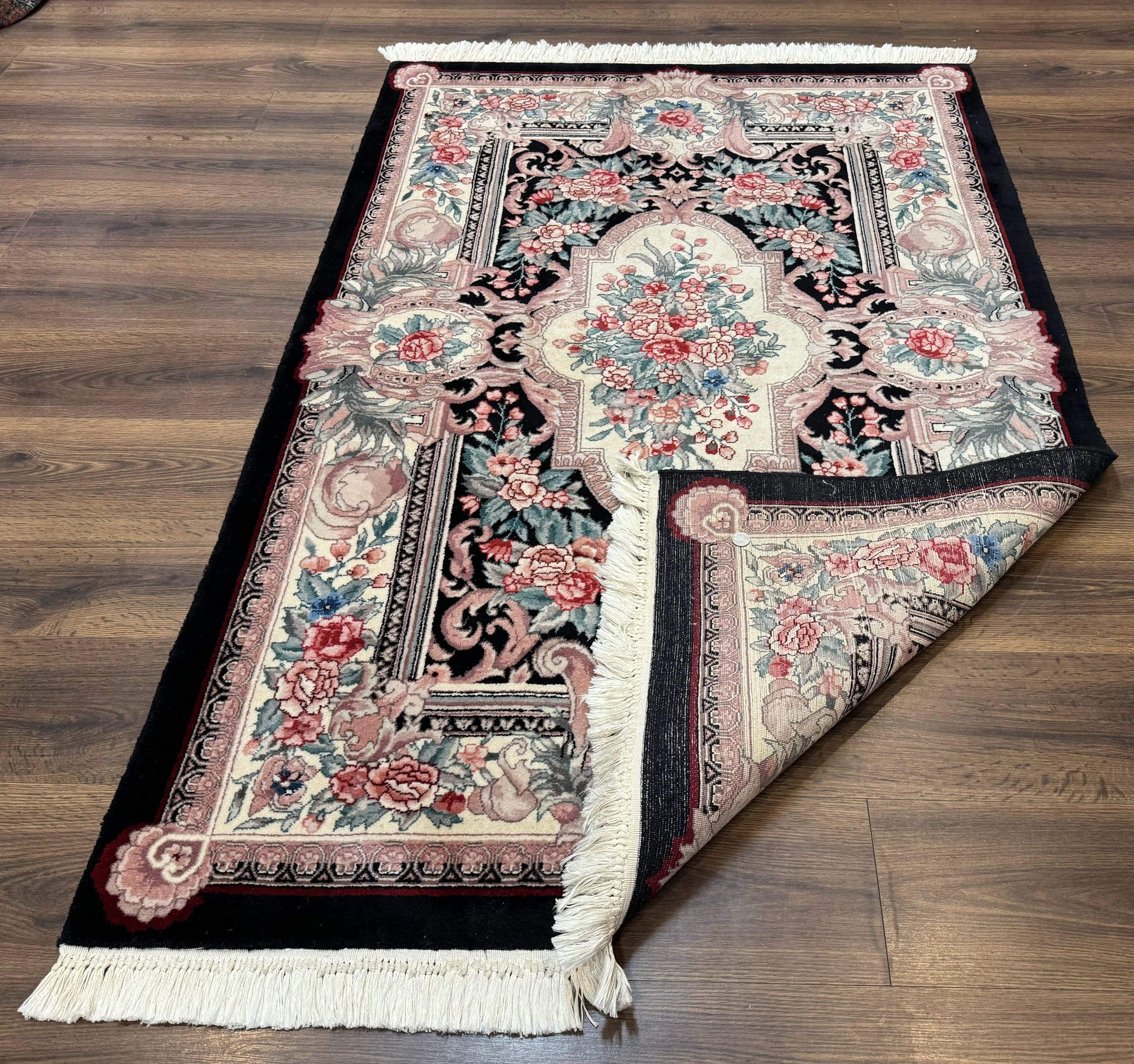 Aubusson Rug 4x6, Elegant European Floral Design, Black and Ivory, Fine 200 KPSI - Nuvé