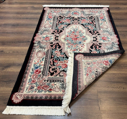 Aubusson Rug 4x6, Elegant European Floral Design, Black and Ivory, Fine 200 KPSI - Nuvé