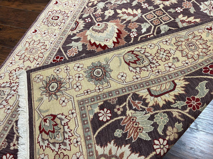 Vintage Indo Mahal Area Rug 6x9, Indian Persian Oriental Carpet 6 x 9, Puce Eggplant Tan Beige Rug, Hand-Knotted, Large Floral Design Wool - Nuvé