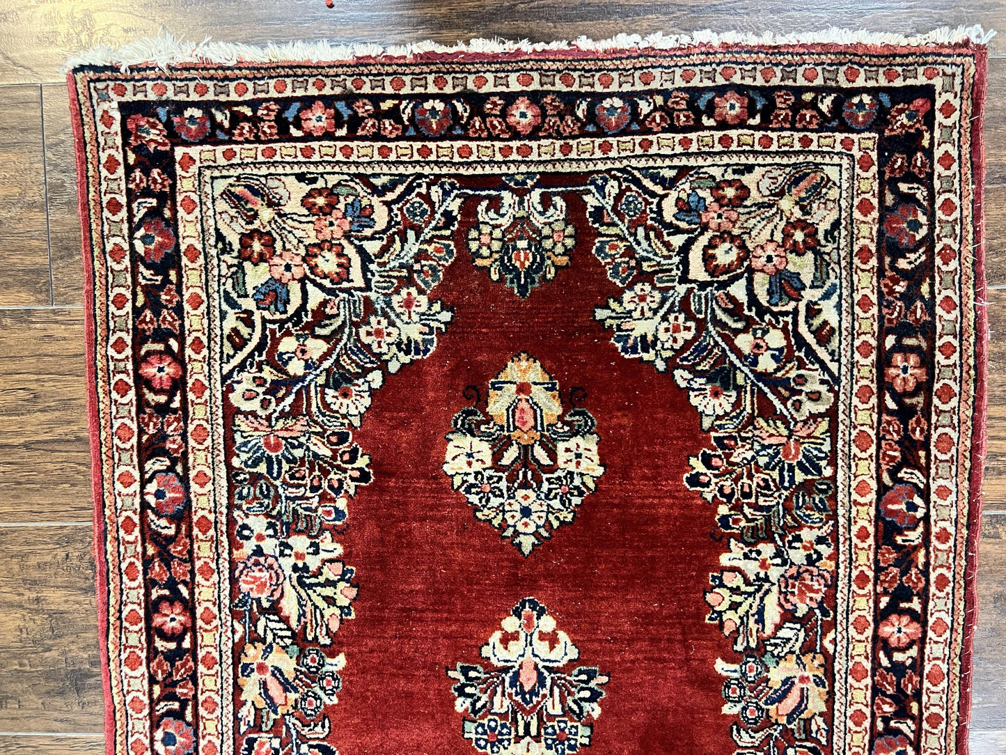 Persian Sarouk Runner Rug 2.7 x 6, Semi Open Field, Red, Handmade Hand Knotted, Wool Oriental Carpet, Vintage Semi Antique - Nuvé
