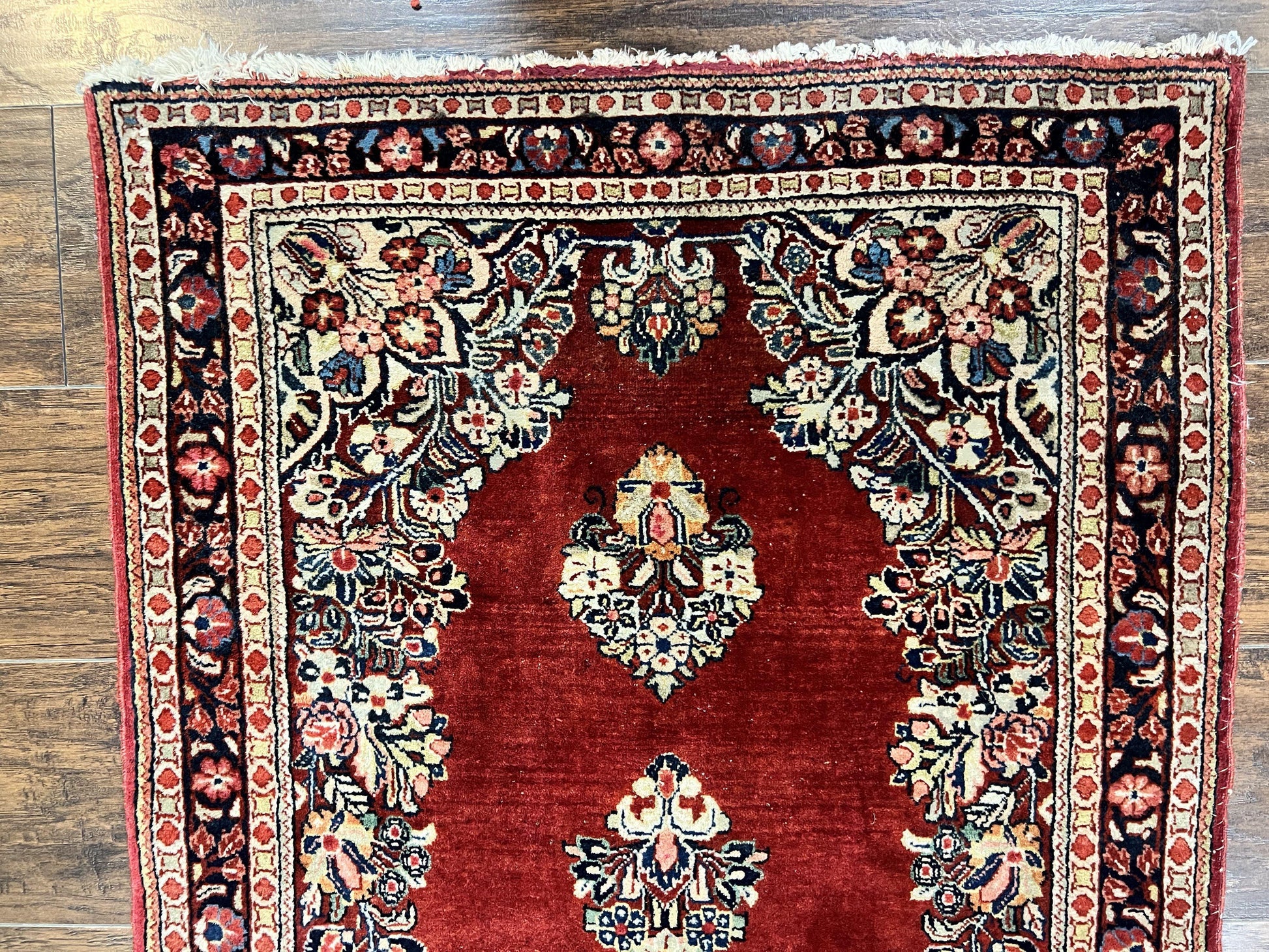 Persian Sarouk Runner Rug 2.7 x 6, Semi Open Field, Red, Handmade Hand Knotted, Wool Oriental Carpet, Vintage Semi Antique - Nuvé