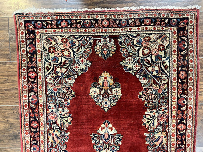 Persian Sarouk Runner Rug 2.7 x 6, Semi Open Field, Red, Handmade Hand Knotted, Wool Oriental Carpet, Vintage Semi Antique - Nuvé