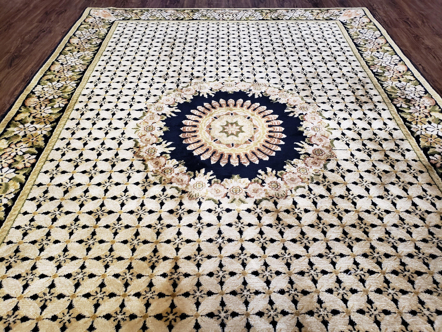 Indian Rug with Tibetan Weave, 6x8 - 6x9 Rugs, Indo-Tibetan Rug, Black and Cream Beige Tan, Floral Border, Soft Rug, Handmade Area Rug, Wool