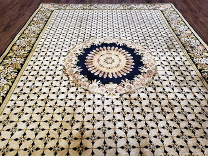 Indian Rug with Tibetan Weave, 6x8 - 6x9 Rugs, Indo-Tibetan Rug, Black and Cream Beige Tan, Floral Border, Soft Rug, Handmade Area Rug, Wool