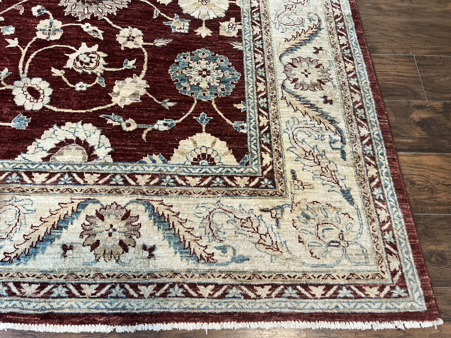 Peshawar Rug 9x11, Pakistani Oriental Carpet, Maroon and Beige, Floral Allover, Wool Hand Knotted Handmade Vintage Rug - Nuvé