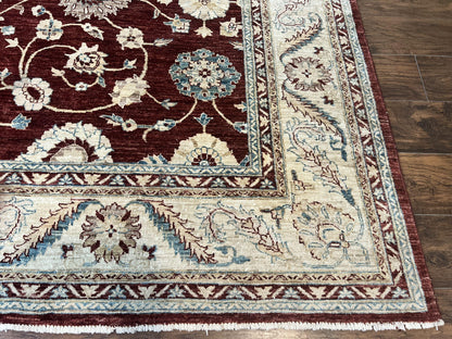 Peshawar Rug 9x11, Pakistani Oriental Carpet, Maroon and Beige, Floral Allover, Wool Hand Knotted Handmade Vintage Rug - Nuvé
