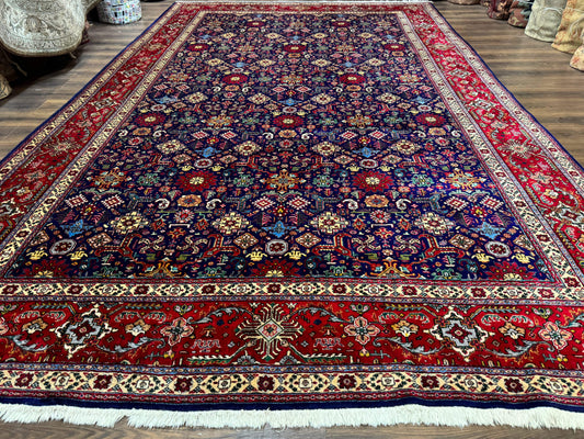 Large Persian Tabriz Rug 10x16, Navy Blue and Red, Allover Pattern, Vintage Hand Knotted Wool Carpet - Nuvé