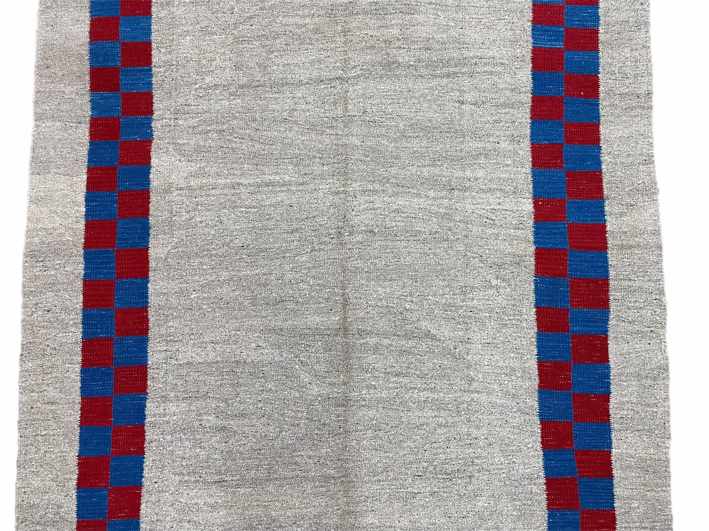 Gray Turkish Kilim Carpet 5' 7" x 7' 7", Medium Kilim Rug, Hand-Knotted, Blue & Red Border, Minimalistic Design, Geometric, Wool, New - Nuvé