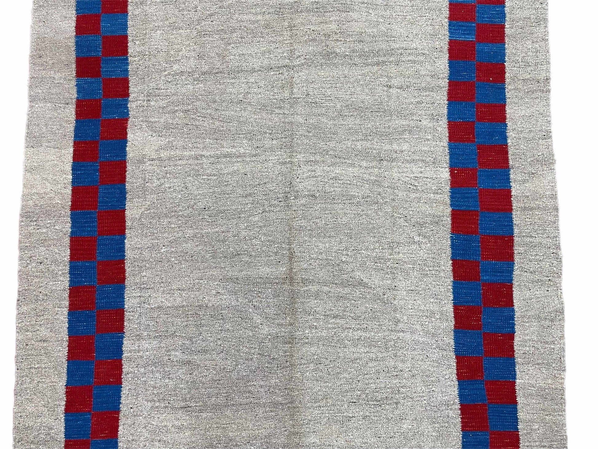 Gray Turkish Kilim Carpet 5' 7" x 7' 7", Medium Kilim Rug, Hand-Knotted, Blue & Red Border, Minimalistic Design, Geometric, Wool, New - Nuvé