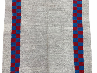 Gray Turkish Kilim Carpet 5' 7" x 7' 7", Medium Kilim Rug, Hand-Knotted, Blue & Red Border, Minimalistic Design, Geometric, Wool, New - Nuvé