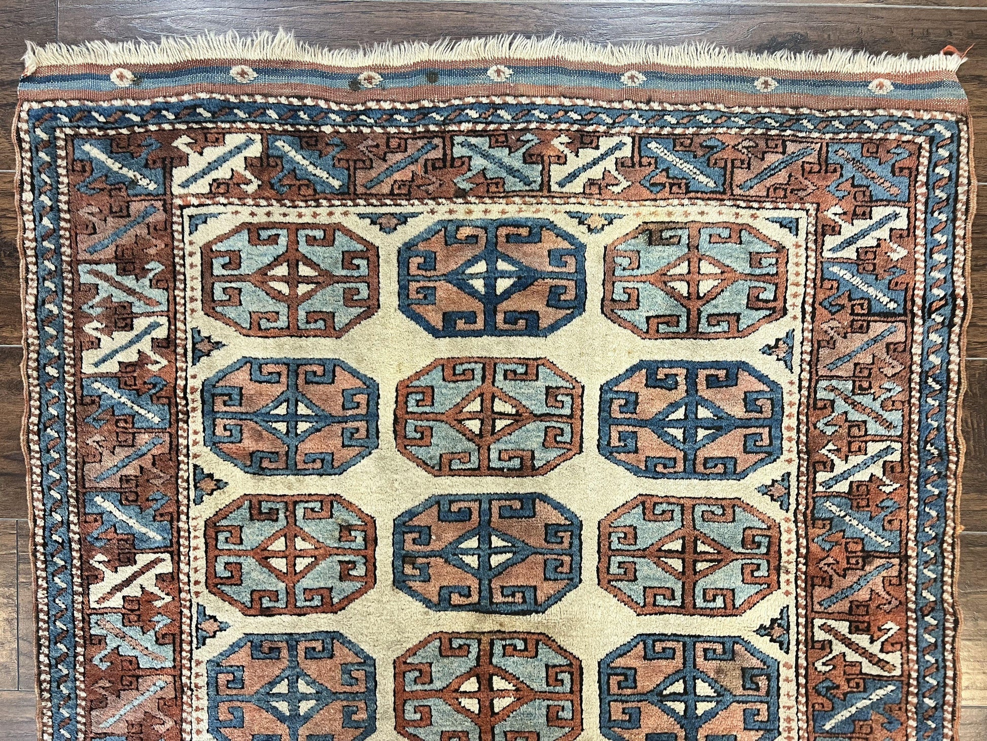 Turkish Kazak Rug 3x4, Wool Hand Knotted Handmade Vintage Carpet, Geometric Tribal Repeated Motif, Small 3 x 4 Antique Rug, Cream Red - Nuvé
