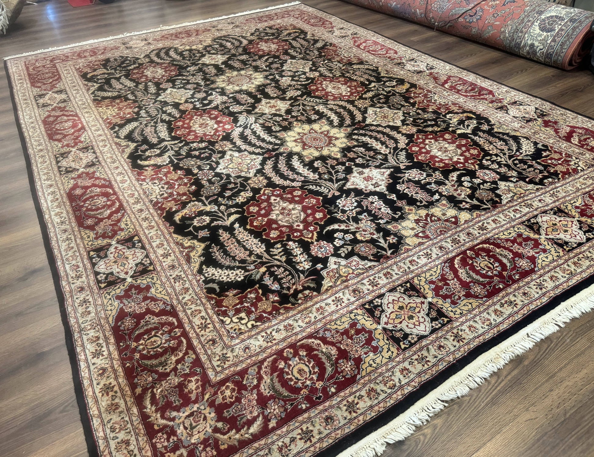 Sino Persian Rug 9x12, Black & Maroon, Wool and Silk, Allover Pattern - Nuvé