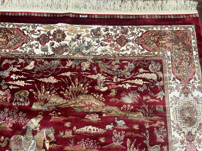 Turkish Silk Hunting Design Rug 4x6, Dark Red & Ivory, Bamboo Silk, New - Nuvé