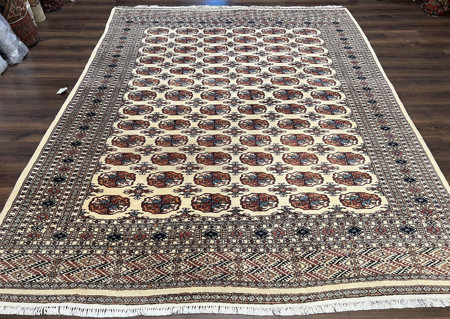 Pakistani Bokhara Rug 8x10, Traditional Turkoman Tribal Carpet, Allover Repeated Elephant Foot Motif, Ivory/Cream Black Red, Vintage Handmade - Nuvé