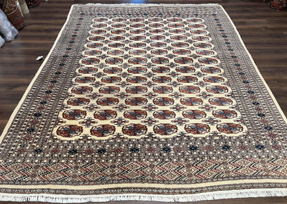 Pakistani Bokhara Rug 8x10, Traditional Turkoman Tribal Carpet, Allover Repeated Elephant Foot Motif, Ivory/Cream Black Red, Vintage Handmade - Nuvé