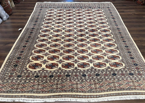 Pakistani Bokhara Rug 8x10, Traditional Turkoman Tribal Carpet, Allover Repeated Elephant Foot Motif, Ivory/Cream Black Red, Vintage Handmade - Nuvé