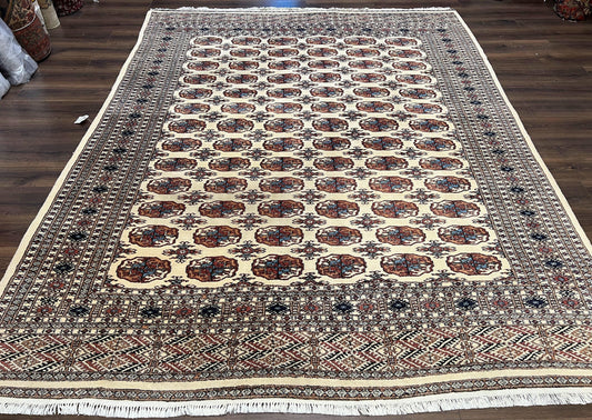 Pakistani Bokhara Rug 8x10, Traditional Turkoman Tribal Carpet, Allover Repeated Elephant Foot Motif, Ivory/Cream Black Red, Vintage Handmade - Nuvé