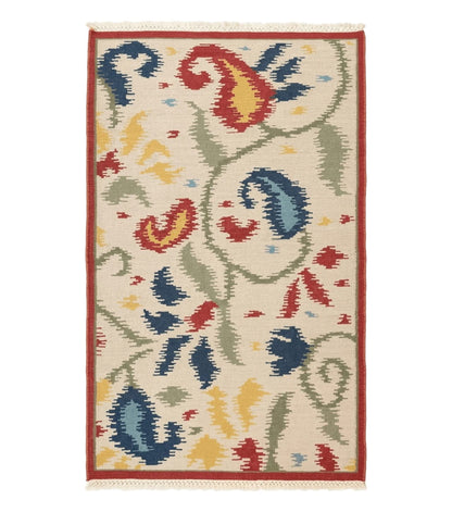 Indian Kilim Flatweave Rug 3x5, Abstract, Beige and Multicolor Flowers, Handmade