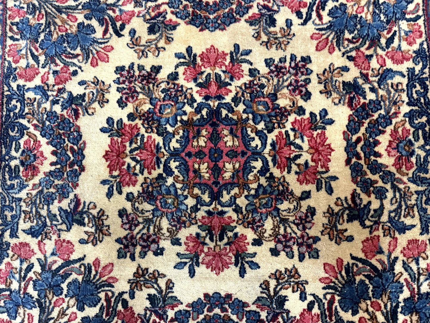 Square Persian Kerman Rug 4x4, Ivory Blue Pink, Handmade, Fine 225 KPSI - Nuvé