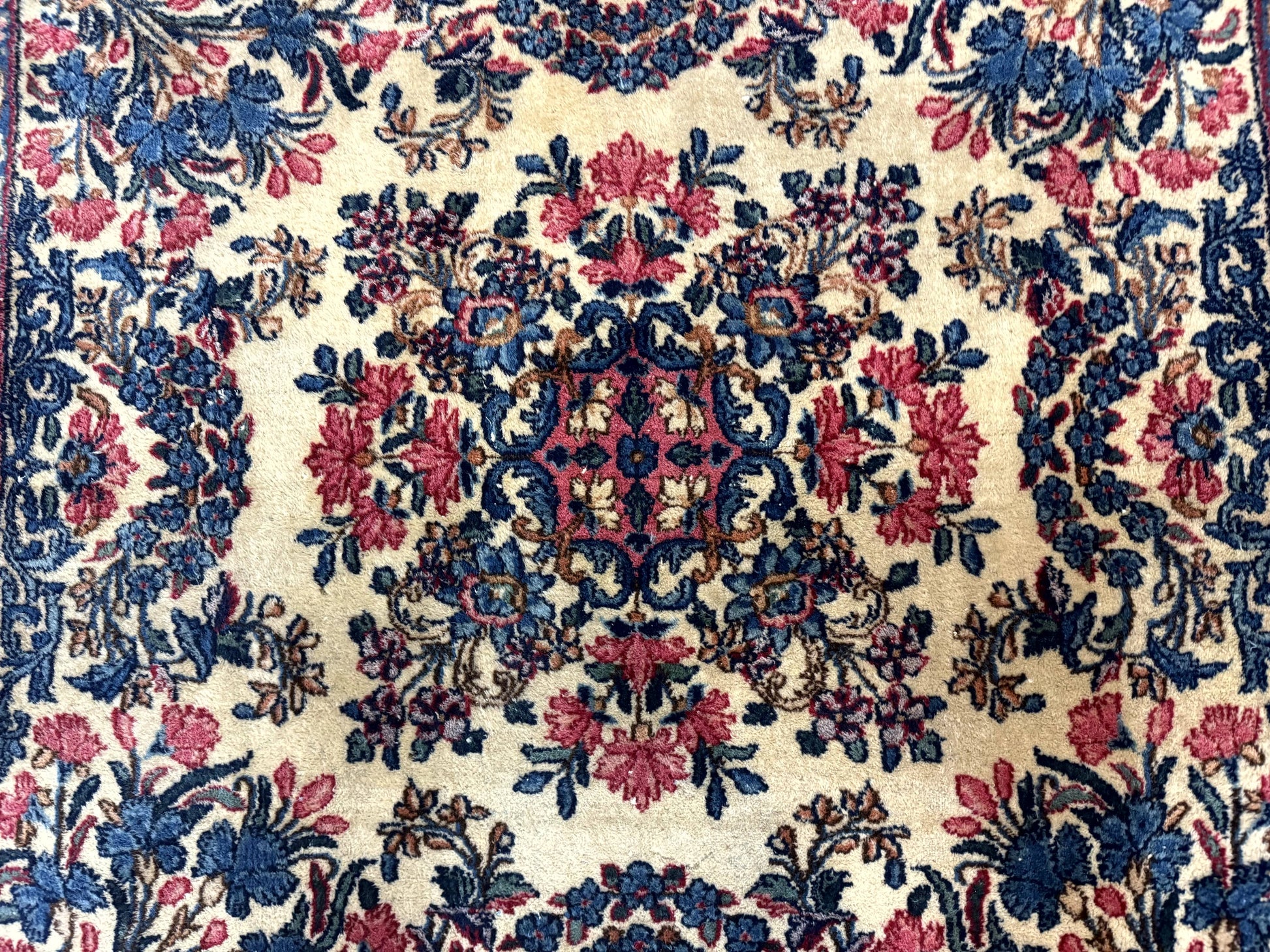 Square Persian Kerman Rug 4x4, Ivory Blue Pink, Handmade, Fine 225 KPSI - Nuvé