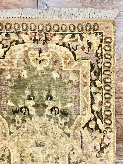 Tibetan Runner Rug 2.6 x 10, French Aubusson Pattern, Gold Olive Green, Vintage Handmade European Design, Wool Hallway Rug - Nuvé