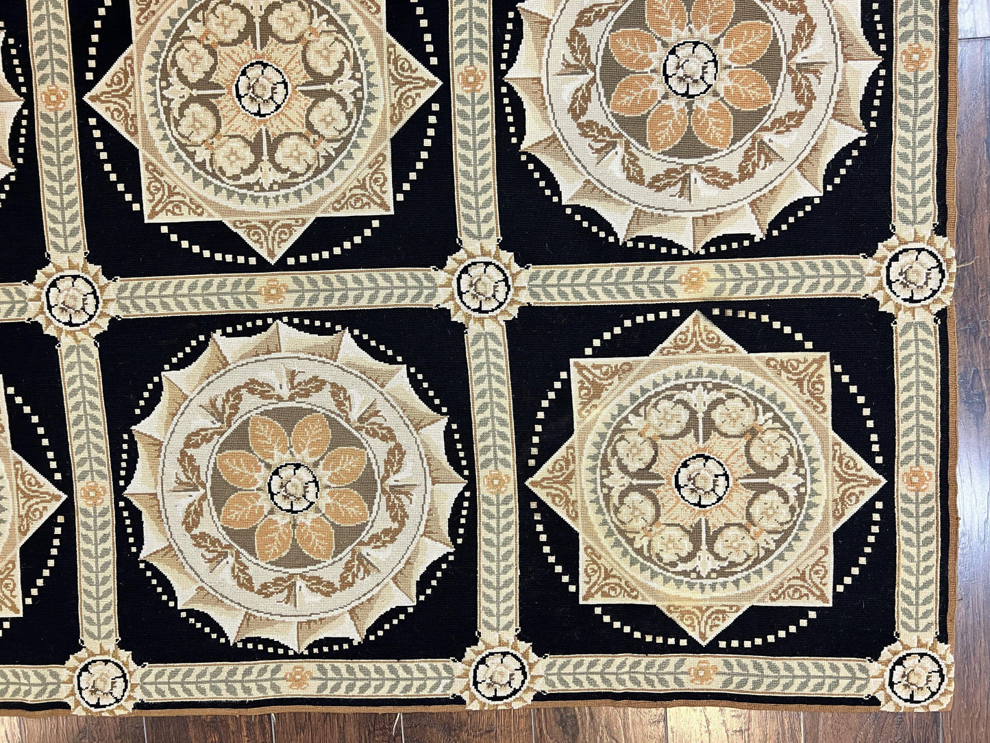 Needlepoint Rug 8x10, Black Tan Beige, Panel Design, Wool Handwoven Handmade Flatweave Needlepoint Carpet, Vintage French European Rug - Nuvé