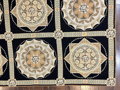 Needlepoint Rug 8x10, Black Tan Beige, Panel Design, Wool Handwoven Handmade Flatweave Needlepoint Carpet, Vintage French European Rug - Nuvé