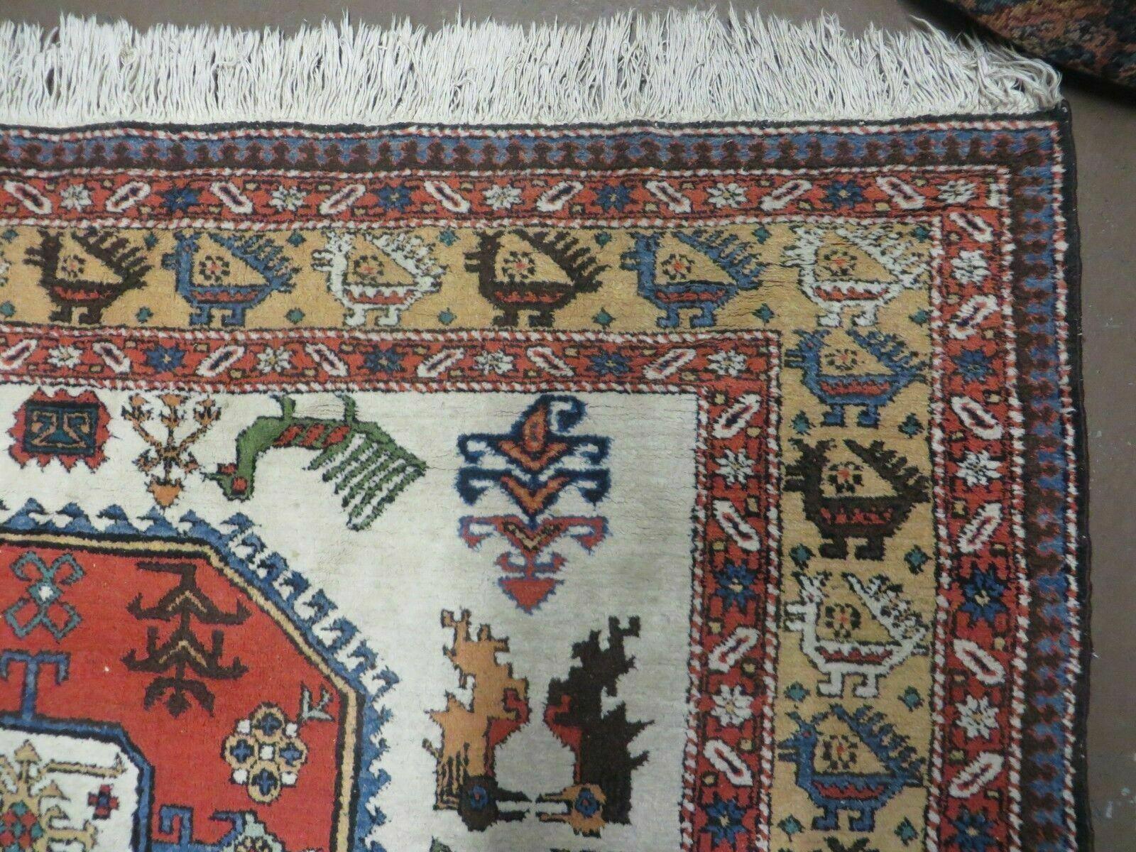 7' X 10' Vintage Handmade Knotted Turkish Wool Rug Birds Animal Ivory Organic - Nuvé