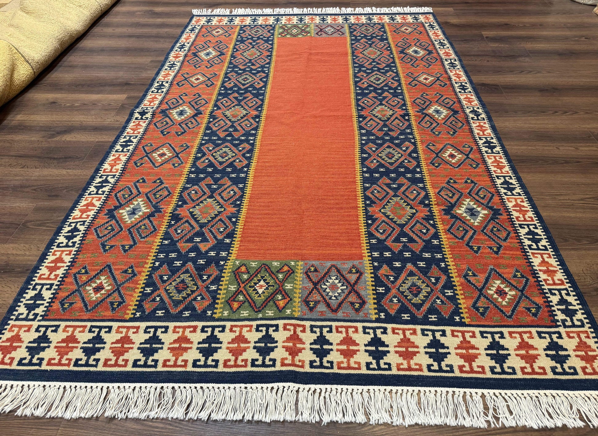Turkish Kilim Rug 5x8, Flatweave Carpet, Handmade Bohemian Rug, Terracotta and Navy Blue - Nuvé