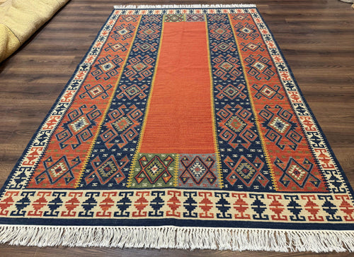 Turkish Kilim Rug 5x8, Flatweave Carpet, Handmade Bohemian Rug, Terracotta and Navy Blue - Nuvé