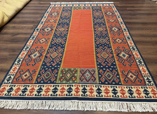 Turkish Kilim Rug 5x8, Flatweave Carpet, Handmade Bohemian Rug, Terracotta and Navy Blue - Nuvé
