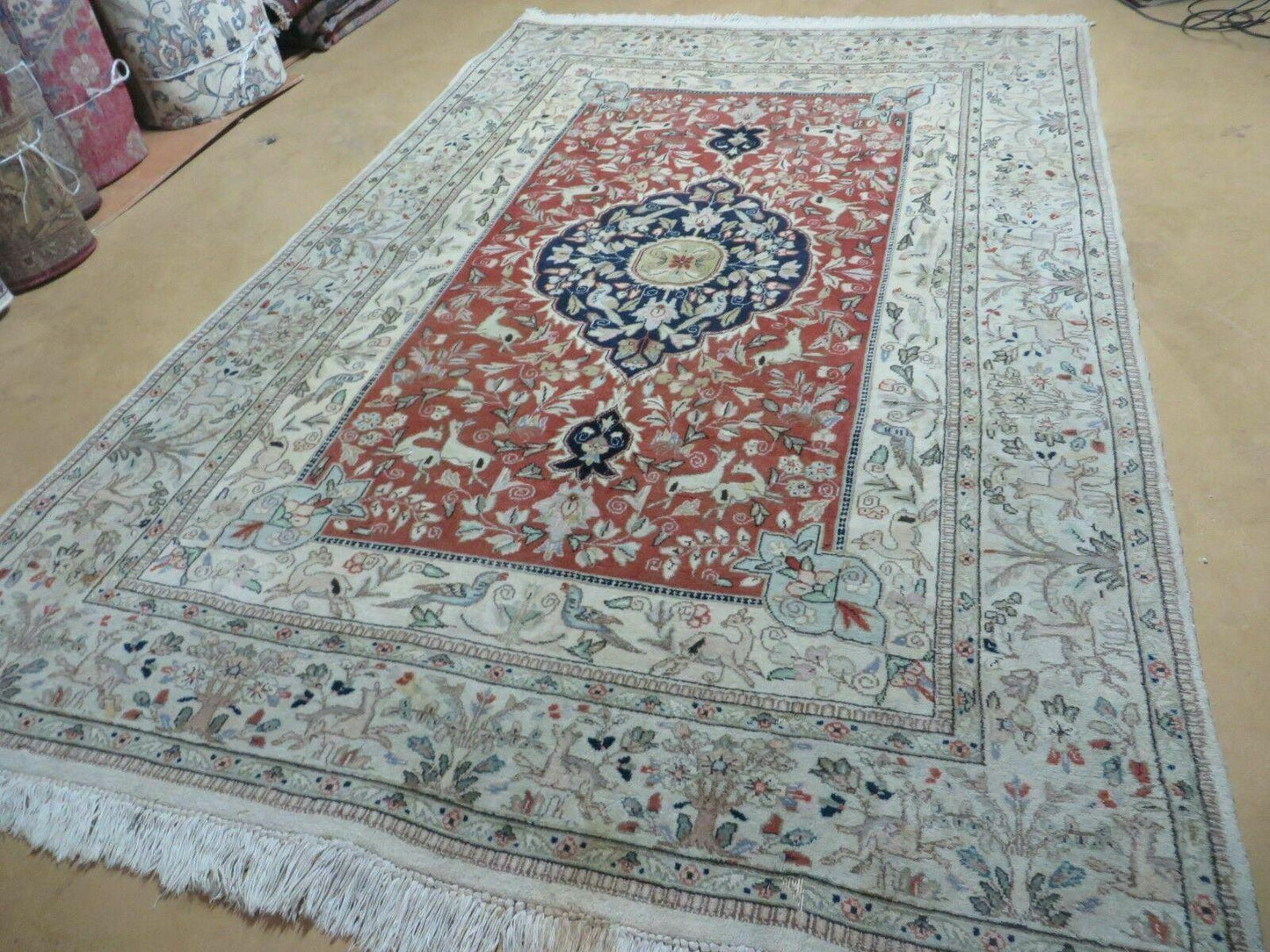 6' X 9' Vintage Handmade India Oriental Floral Wool Rug Hunting Bird Deer Nice - Nuvé
