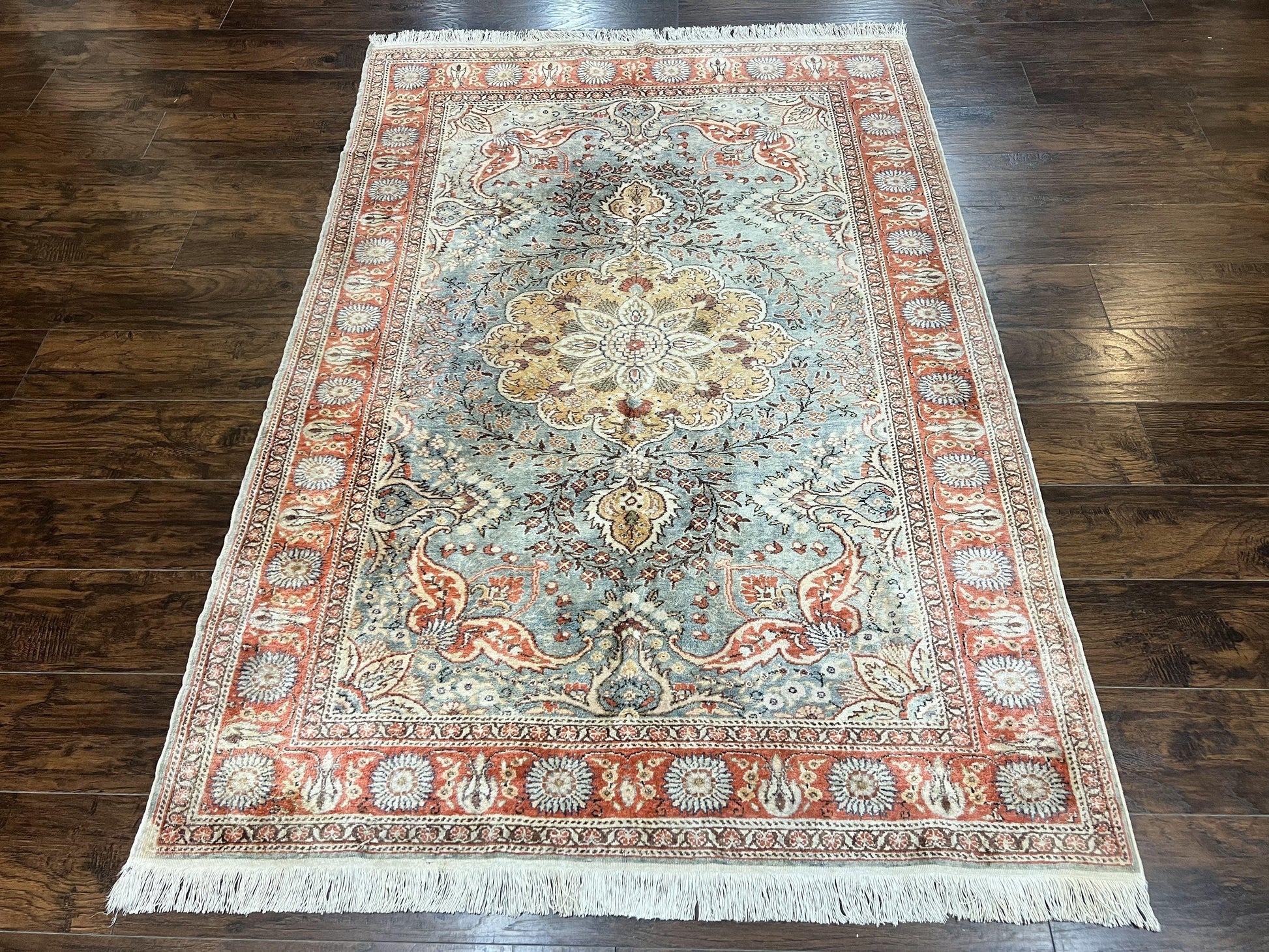 Silk Turkish Rug 5x7, Light Blue Silk Carpet, Floral Medallion, Turkish Kayseri Rug, Vintage Handmade Oriental Rug - Nuvé