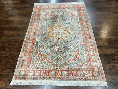 Silk Turkish Rug 5x7, Light Blue Silk Carpet, Floral Medallion, Turkish Kayseri Rug, Vintage Handmade Oriental Rug - Nuvé