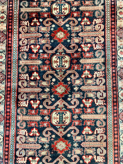 Persian Wide Runner Rug 4.8 x 10, Persian Kalegi Ardabil Rug, Perpedil Caucasian Rug, Antique Handmade Wool Carpet, Navy Blue Red, Tribal Rug - Nuvé